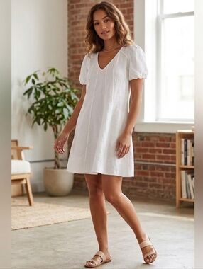LOFT White V-Neck Puff Sleeve A-Line Dress (Linen/Cotton)
